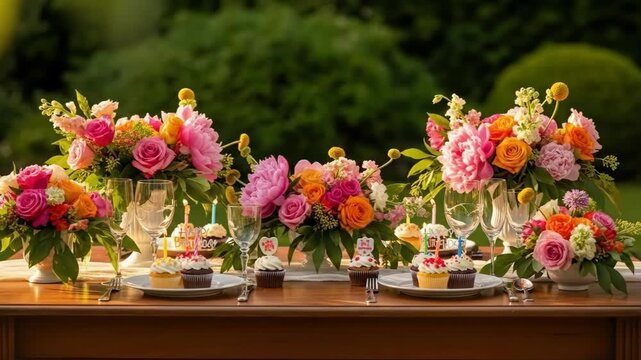 Elegant outdoor dining table with vibrant flower centerpieces and delicate tableware in garden setting