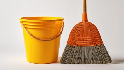 Bright yellow bucket and orange broom sit side-by-side on a plain background, ready for cleaning and chore duties