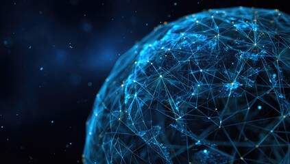 Blue, abstract globe rendered with connected lines and nodes over a dark background with bokeh effects