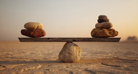 Balancing rocks on a dry, cracked earth, with stacks on either side of a central fulcrum stone