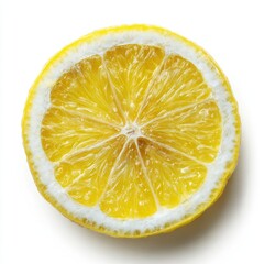 Vivid lemon slice, showcasing its juicy pulp and textured rind against a stark white background