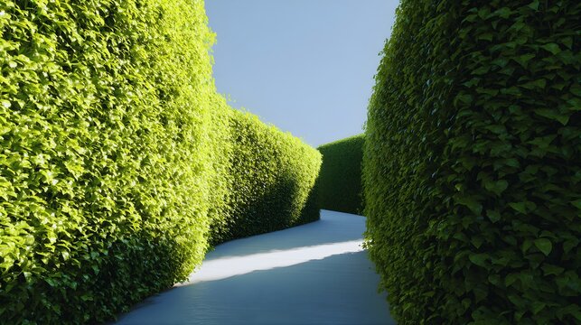 Green hedge maze with sunny path and clear blue sky overhead - Powered by Adobe