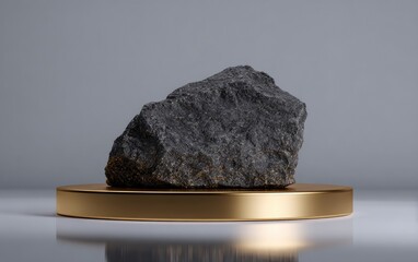 Rough, dark rock sits atop a polished, golden pedestal, contrasting textures against a neutral background