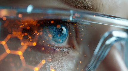 Detailed view of a blue eye through transparent glasses with glowing hexagonal digital interface elements symbolizing futuristic technology and innovation
