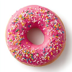 A pink frosted doughnut, covered in multi-colored sprinkles, isolated on a white background, showing a classic treat