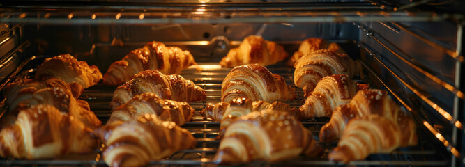 Golden Baked Croissants: A dozen perfectly golden croissants baking in an oven, the scene captures the essence of French pastries