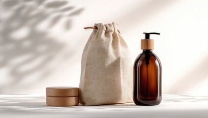 Bathroom set with amber bottle, soap rounds, and tan linen bag sits beneath a leafy shadow on a white surface