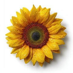 Wet, radiant sunflower blossom, centered with red disc and dark center, rests against a plain white background