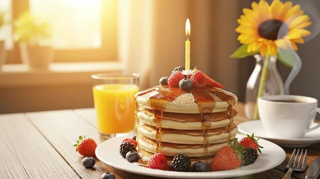 Delicious pancake stack with syrup and candle in sunlit kitchen with coffee and juice