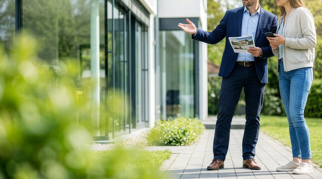 real estate agent presenting house to customer outdoors. banner with copy space