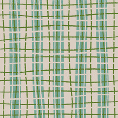 Hand drawn checkered grid seamless pattern in green and teal on beige background