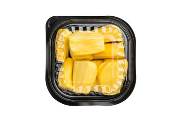 Ripe, golden yellow jackfruit pods (bulbs) served in a black plastic container, ready-to-eat, against a clean white background. Exotic tropical fruit. © Mironov