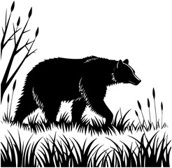 Bear Silhouette – Walking Through Grass with Tree and Cattails