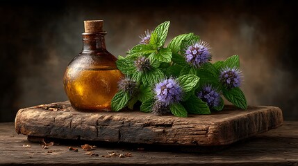 Rustic tabletop with fresh peppermint, a small glass bottle of oil, and scattered mint blossoms in soft focus.