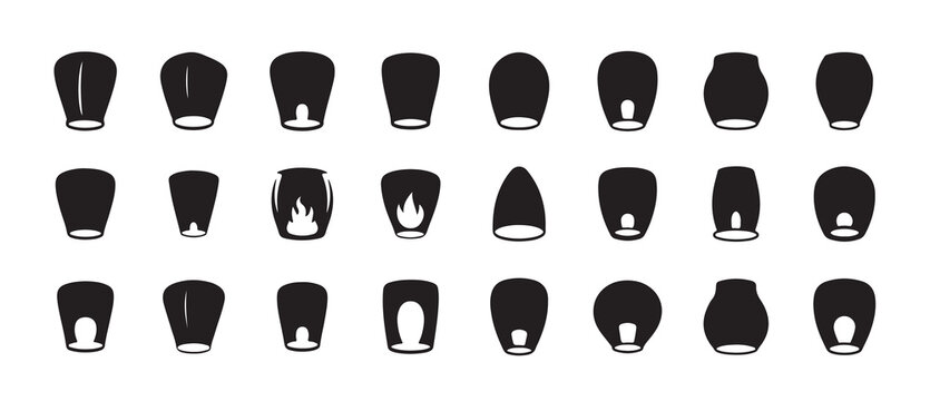 Assortment of 24 sky lantern icons with distinct shapes and internal elements for various uses