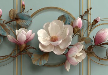Magnolia blossoms and buds on a wall panel with gold accents