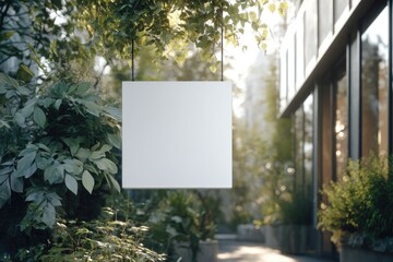 Blank square sign hanging amid lush greenery next to a modern building facade, bathed in soft sunlight