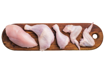 A panoramic view of raw chicken cuts: boneless breast, leg quarter, drumstick, and wings, presented on a dark wooden cutting board.