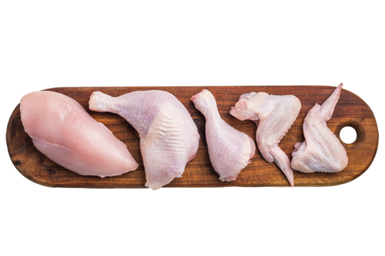 A panoramic view of raw chicken cuts: boneless breast, leg quarter, drumstick, and wings, presented on a dark wooden cutting board.