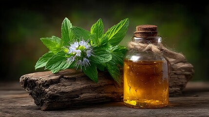 Rustic tabletop with fresh peppermint, a small glass bottle of oil, and scattered mint blossoms in soft focus.