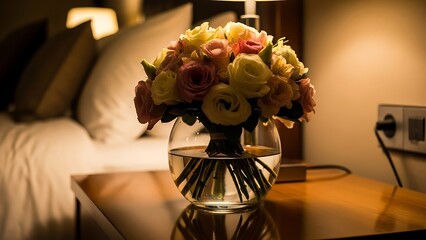 Bouquet of flowers in a glass vase on a bedside table in a dimly lit bedroom setting at night