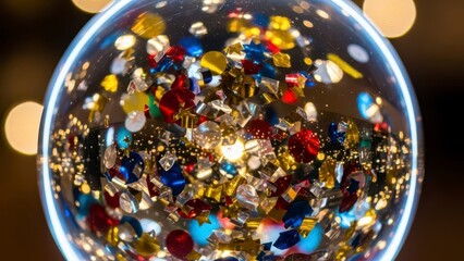 Close-up of a glass sphere filled with colorful confetti and bokeh lights.