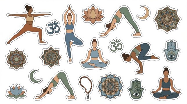 modern yoga poses and meditation symbols sticker pack designed for greeting cards invitations and decor isolated on white background