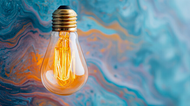 Vintage electric light bulb glowing warmly against a colorful swirling abstract background representing creativity and innovation in design and technology - Powered by Adobe