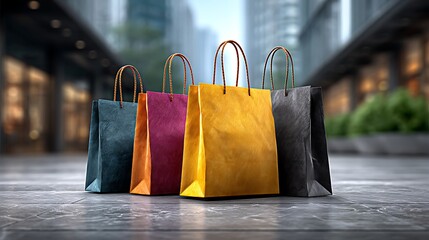 Series of shopping bags lined up on polished marble tiles with reflections of modern glass buildings.