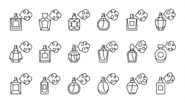 minimal perfume bottles and fragrance clouds icon set ideal for branding packaging and stationery design isolated on white background
