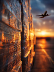 Stacked cargo pallets wrapped in plastic film illuminated by warm sunset light at airport with airplane taking off in the vibrant sky background