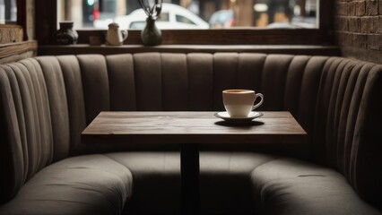 Coffee cup on table in cozy cafe booth