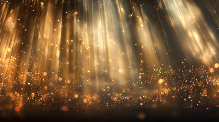 Golden shimmering light beams cascade through sparkling particles creating a magical radiant atmosphere perfect for festive or celebratory backgrounds