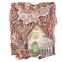 house in the woods kids book illustration, fairytale gnome home