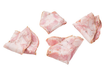 Italian Pancetta Arrotolata, seasoned with black pepper and isolated on a white background.