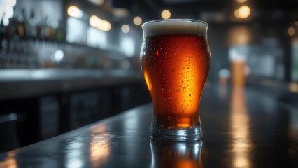 Crisp Amber Ale in a Dewy Glass on a Polished Bar Counter with Soft, Warm Bokeh Lighting