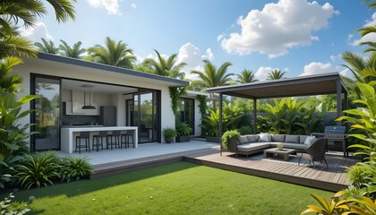 Modern Tropical Outdoor Living Space with Open-Plan Kitchen and Lounge Area