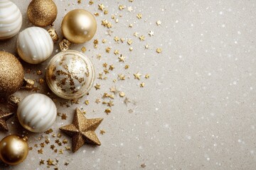Festive ornaments in gold and white scattered on a neutral background with stars and sparkles. MZ 
