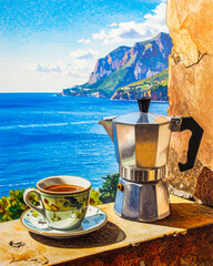 Moka pot and cup of coffee sitting on wall overlooking mediterranean sea in Sicily
