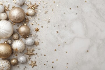 Festive ornaments in gold and white scattered on a neutral background with stars and sparkles. MZ 