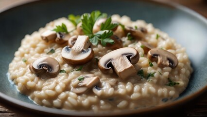 Mushroom risotto in a blue bowl