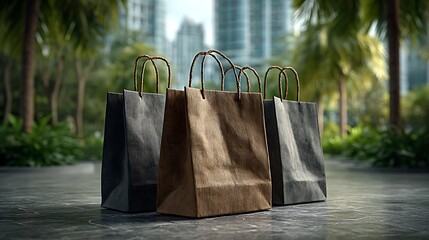Series of shopping bags lined up on polished marble tiles with reflections of modern glass buildings.