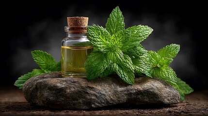 Peppermint essential oil in a transparent glass bottle with cork stopper, placed on natural stone with mint leaves.