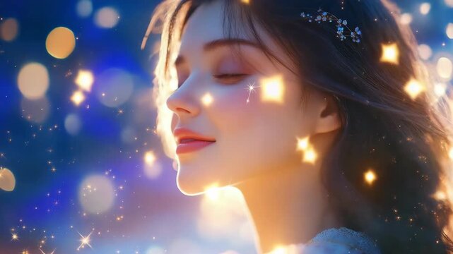 Woman with a contemplative expression, surrounded by sparkling lights and glowing stars. The captures a moment of introspection in a magical setting.