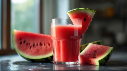 Refreshing Watermelon Juice in Glass with Slices, Summer Refreshment