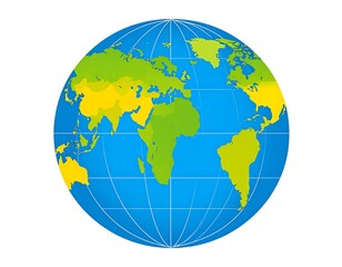 Simplified illustration of the Earth, featuring continents colored in shades of green and yellow