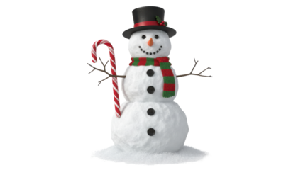 Classic Snowman with Black Top Hat, Red Scarf, and Candy Cane Isolated on White