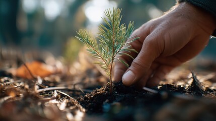 Hand Planting a Pine Seedling on Forest Floor