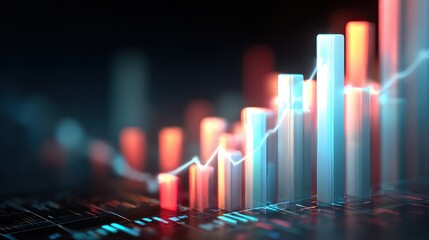 Market momentum graph, translucent bars rising with soft glow, 3D illustration.