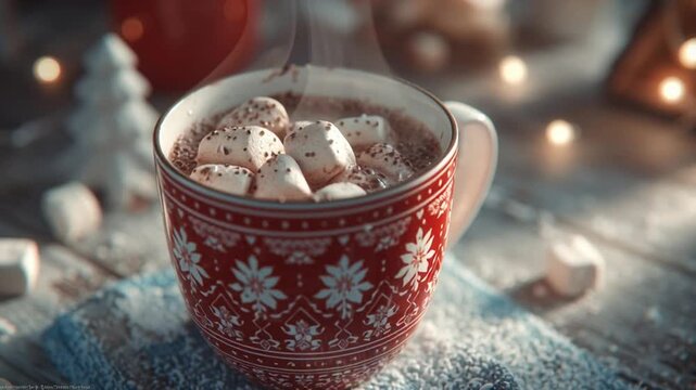 Cozy cocoa with marshmallows on wooden table